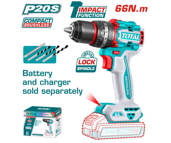 Kompaktni brezkrtačni akumulatorski vrtalnik 2000prm/66Nm/P20S/ INDUSTRIAL (Brez baterije) (TIDLI206681) Total Tools